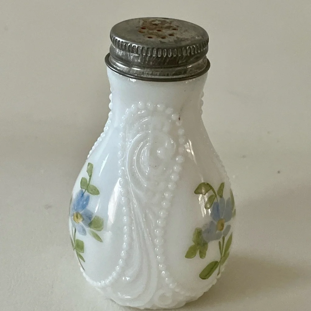 Vintage Milk Glass Salt Shaker with Floral Design and Metal Lid